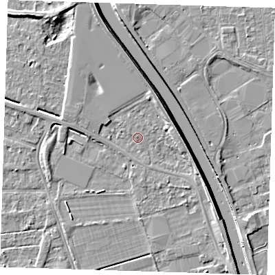 Shaded relief map of the ground around PE131PW, computed from Environment Agency LiDAR. The ground here sits at about 4 m above sea level and falls 7 m across the surrounding 800 m. Surface water reaching this point runs off ground lying to the north, 2.6 m higher.