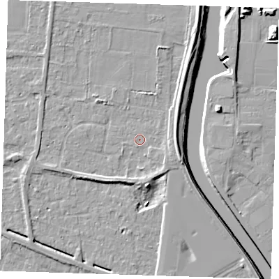 Shaded relief map of the ground around PE131PX, computed from Environment Agency LiDAR. The ground here sits at about 4 m above sea level and falls 9 m across the surrounding 800 m. Surface water reaching this point runs off ground lying to the east-south-east, 2.0 m higher.