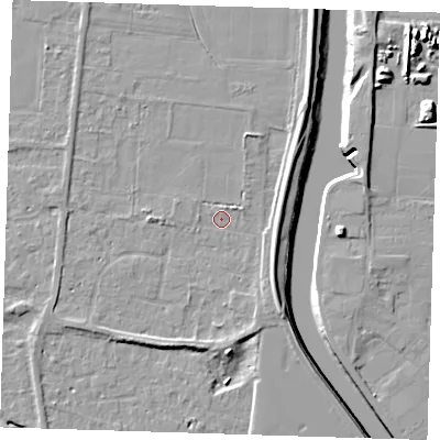 Shaded relief map of the ground around PE131PZ, computed from Environment Agency LiDAR. The ground here sits at about 4 m above sea level and falls 10 m across the surrounding 800 m. Surface water reaching this point runs off ground lying to the south-south-west, 2.9 m higher.