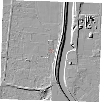 Shaded relief map of the ground around PE131QA, computed from Environment Agency LiDAR. The ground here sits at about 4 m above sea level and falls 10 m across the surrounding 800 m. Surface water reaching this point runs off ground lying to the north-east, 3.9 m higher.