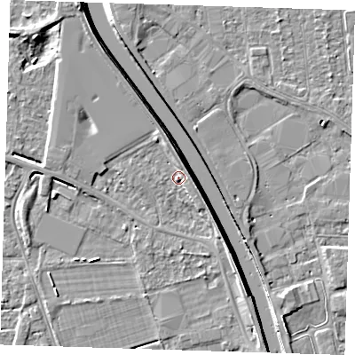 Shaded relief map of the ground around PE131QB, computed from Environment Agency LiDAR. The ground here sits at about 5 m above sea level and falls 7 m across the surrounding 800 m. Surface water reaching this point runs off ground lying to the north-north-east, 2.8 m higher.