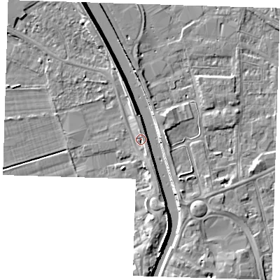 Shaded relief map of the ground around PE131QD, computed from Environment Agency LiDAR. The ground here sits at about 4 m above sea level and falls 8 m across the surrounding 800 m. Surface water reaching this point runs off ground lying to the north, 2.3 m higher.