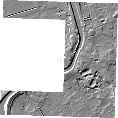 Shaded relief map of the ground around PE131RA, computed from Environment Agency LiDAR. and falls 8 m across the surrounding 800 m. Surface water reaching this point runs off ground lying to the east-south-east, 0.7 m higher.