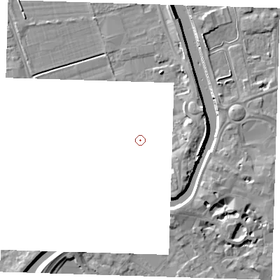 Shaded relief map of the ground around PE131RD, computed from Environment Agency LiDAR. and falls 8 m across the surrounding 800 m.