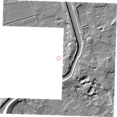 Shaded relief map of the ground around PE131RF, computed from Environment Agency LiDAR. and falls 8 m across the surrounding 800 m. Surface water reaching this point runs off ground lying to the south-south-east, 1.9 m higher.
