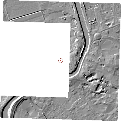 Shaded relief map of the ground around PE131RG, computed from Environment Agency LiDAR. and falls 8 m across the surrounding 800 m.