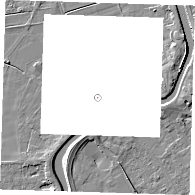 Shaded relief map of the ground around PE131RH, computed from Environment Agency LiDAR. and falls 7 m across the surrounding 800 m.