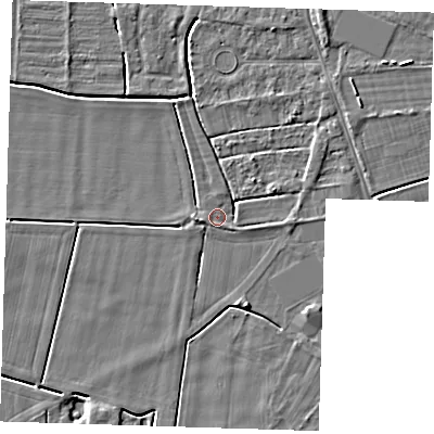 Shaded relief map of the ground around PE131RJ, computed from Environment Agency LiDAR. The ground here sits at about 3 m above sea level and falls 4 m across the surrounding 800 m. Surface water reaching this point runs off ground lying to the east-north-east, 2.5 m higher.