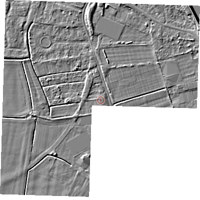 Shaded relief map of the ground around PE131RL, computed from Environment Agency LiDAR. The ground here sits at about 3 m above sea level and falls 6 m across the surrounding 800 m. Surface water reaching this point runs off ground lying to the east-north-east, 0.5 m higher.
