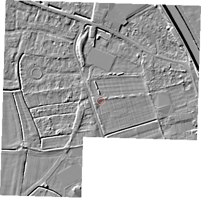Shaded relief map of the ground around PE131RR, computed from Environment Agency LiDAR. The ground here sits at about 4 m above sea level and falls 6 m across the surrounding 800 m. Surface water reaching this point runs off ground lying to the east-north-east, 0.8 m higher.