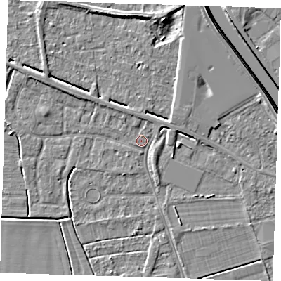 Shaded relief map of the ground around PE131RS, computed from Environment Agency LiDAR. The ground here sits at about 3 m above sea level and falls 6 m across the surrounding 800 m. Surface water reaching this point runs off ground lying to the north-east, 1.5 m higher.