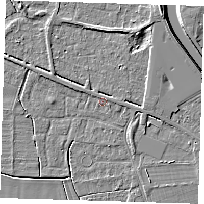 Shaded relief map of the ground around PE131RT, computed from Environment Agency LiDAR. The ground here sits at about 4 m above sea level and falls 7 m across the surrounding 800 m. Surface water reaching this point runs off ground lying to the north-east, 3.3 m higher.