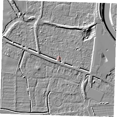 Shaded relief map of the ground around PE131RU, computed from Environment Agency LiDAR. The ground here sits at about 4 m above sea level and falls 7 m across the surrounding 800 m. Surface water reaching this point runs off ground lying to the west-south-west, 2.9 m higher.