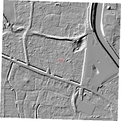 Shaded relief map of the ground around PE131RX, computed from Environment Agency LiDAR. The ground here sits at about 4 m above sea level and falls 8 m across the surrounding 800 m. Surface water reaching this point runs off ground lying to the west-south-west, 2.9 m higher.