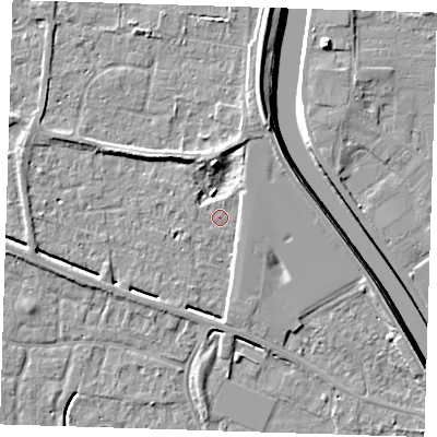 Shaded relief map of the ground around PE131RY, computed from Environment Agency LiDAR. The ground here sits at about 4 m above sea level and falls 8 m across the surrounding 800 m. Surface water reaching this point runs off ground lying to the north-east, 3.3 m higher.
