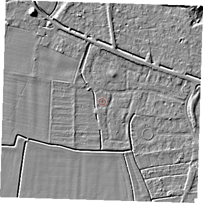 Shaded relief map of the ground around PE131SH, computed from Environment Agency LiDAR. The ground here sits at about 3 m above sea level and falls 9 m across the surrounding 800 m. Surface water reaching this point runs off ground lying to the north-west, 7.5 m higher.