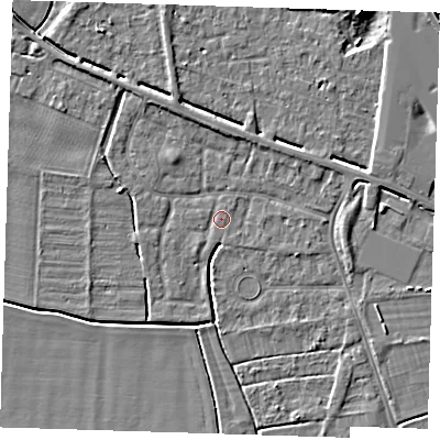 Shaded relief map of the ground around PE131SQ, computed from Environment Agency LiDAR. The ground here sits at about 3 m above sea level and falls 6 m across the surrounding 800 m. Surface water reaching this point runs off ground lying to the north-north-west, 2.2 m higher.