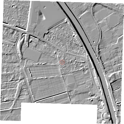 Shaded relief map of the ground around PE131SW, computed from Environment Agency LiDAR. The ground here sits at about 4 m above sea level and falls 7 m across the surrounding 800 m. The ground contributing surface water to this point lies to the north.