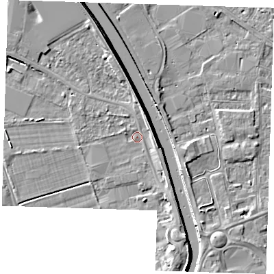 Shaded relief map of the ground around PE131TH, computed from Environment Agency LiDAR. The ground here sits at about 4 m above sea level and falls 7 m across the surrounding 800 m. Surface water reaching this point runs off ground lying to the north-north-west, 3.2 m higher.