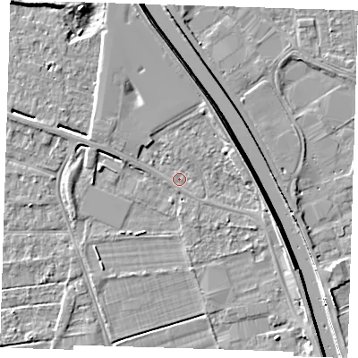 Shaded relief map of the ground around PE131TL, computed from Environment Agency LiDAR. The ground here sits at about 3 m above sea level and falls 7 m across the surrounding 800 m. Surface water reaching this point runs off ground lying to the west-south-west, 0.6 m higher.