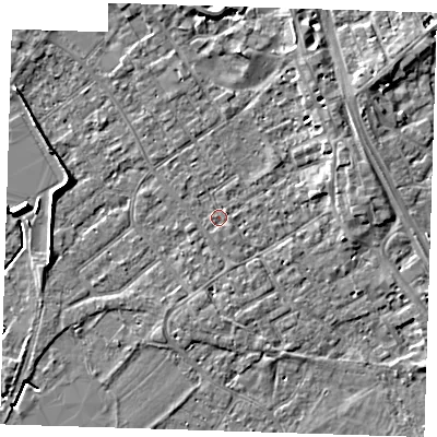 Shaded relief map of the ground around PE132BF, computed from Environment Agency LiDAR. The ground here sits at about 4 m above sea level and falls 6 m across the surrounding 800 m. Surface water reaching this point runs off ground lying to the north-east, 3.6 m higher.