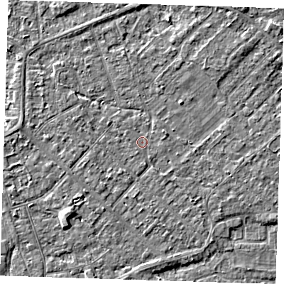 Shaded relief map of the ground around PE132DF, computed from Environment Agency LiDAR. The ground here sits at about 4 m above sea level and falls 4 m across the surrounding 800 m. Surface water reaching this point runs off ground lying to the west-south-west, 1.2 m higher.