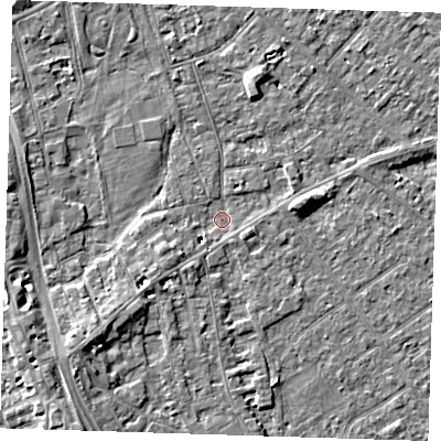 Shaded relief map of the ground around PE132DH, computed from Environment Agency LiDAR. The ground here sits at about 4 m above sea level and falls 12 m across the surrounding 800 m. Surface water reaching this point runs off ground lying to the east-north-east, 11.3 m higher.