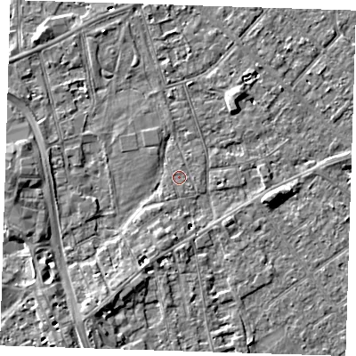 Shaded relief map of the ground around PE132DU, computed from Environment Agency LiDAR. The ground here sits at about 4 m above sea level and falls 12 m across the surrounding 800 m. Surface water reaching this point runs off ground lying to the south-east, 1.1 m higher.