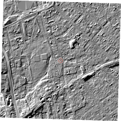 Shaded relief map of the ground around PE132DX, computed from Environment Agency LiDAR. The ground here sits at about 4 m above sea level and falls 12 m across the surrounding 800 m. Surface water reaching this point runs off ground lying to the south-south-west, 1.1 m higher.