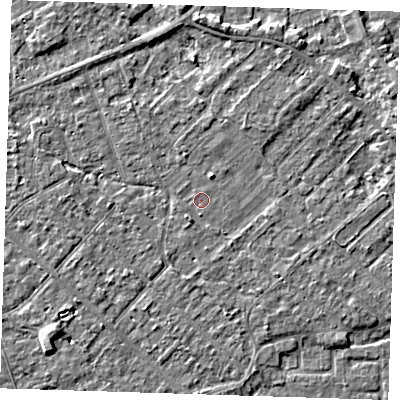 Shaded relief map of the ground around PE132ES, computed from Environment Agency LiDAR. The ground here sits at about 4 m above sea level and falls 4 m across the surrounding 800 m. Surface water reaching this point runs off ground lying to the north, 2.5 m higher.