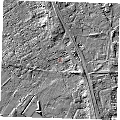 Shaded relief map of the ground around PE132FB, computed from Environment Agency LiDAR. The ground here sits at about 3 m above sea level and falls 6 m across the surrounding 800 m. Surface water reaching this point runs off ground lying to the north, 3.8 m higher.