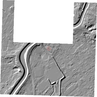Shaded relief map of the ground around PE132FP, computed from Environment Agency LiDAR. The ground here sits at about 4 m above sea level and falls 7 m across the surrounding 800 m. Surface water reaching this point runs off ground lying to the west-north-west, 3.0 m higher.