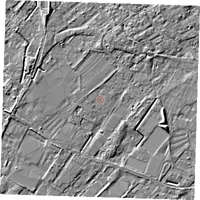 Shaded relief map of the ground around PE132GA, computed from Environment Agency LiDAR. The ground here sits at about 3 m above sea level and falls 5 m across the surrounding 800 m. The ground contributing surface water to this point lies to the north.