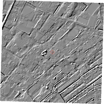 Shaded relief map of the ground around PE132HQ, computed from Environment Agency LiDAR. The ground here sits at about 3 m above sea level and falls 6 m across the surrounding 800 m. The ground contributing surface water to this point lies to the south-east.