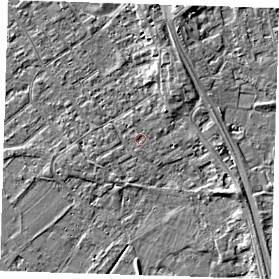 Shaded relief map of the ground around PE132LS, computed from Environment Agency LiDAR. The ground here sits at about 3 m above sea level and falls 6 m across the surrounding 800 m. The ground contributing surface water to this point lies to the north-north-west.