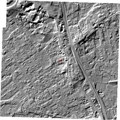 Shaded relief map of the ground around PE132LZ, computed from Environment Agency LiDAR. The ground here sits at about 4 m above sea level and falls 12 m across the surrounding 800 m. Surface water reaching this point runs off ground lying to the east-south-east, 2.2 m higher.