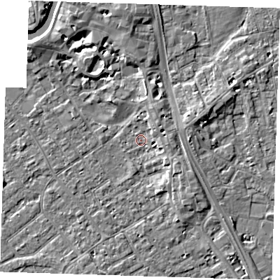 Shaded relief map of the ground around PE132NB, computed from Environment Agency LiDAR. The ground here sits at about 4 m above sea level and falls 12 m across the surrounding 800 m. Surface water reaching this point runs off ground lying to the north-east, 3.6 m higher.