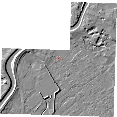Shaded relief map of the ground around PE132PB, computed from Environment Agency LiDAR. The ground here sits at about 4 m above sea level and falls 7 m across the surrounding 800 m. Surface water reaching this point runs off ground lying to the west-north-west, 3.2 m higher.