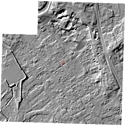 Shaded relief map of the ground around PE132PF, computed from Environment Agency LiDAR. The ground here sits at about 4 m above sea level and falls 7 m across the surrounding 800 m. Surface water reaching this point runs off ground lying to the north-north-west, 0.8 m higher.