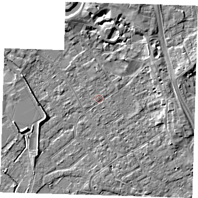 Shaded relief map of the ground around PE132PG, computed from Environment Agency LiDAR. The ground here sits at about 4 m above sea level and falls 7 m across the surrounding 800 m. Surface water reaching this point runs off ground lying to the north, 0.8 m higher.