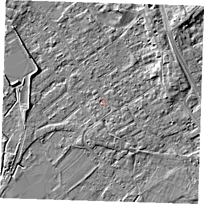 Shaded relief map of the ground around PE132PH, computed from Environment Agency LiDAR. The ground here sits at about 3 m above sea level and falls 6 m across the surrounding 800 m. Surface water reaching this point runs off ground lying to the east-north-east, 3.7 m higher.