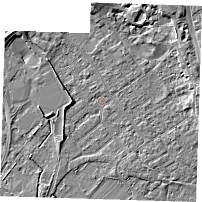 Shaded relief map of the ground around PE132PJ, computed from Environment Agency LiDAR. The ground here sits at about 3 m above sea level and falls 6 m across the surrounding 800 m. Surface water reaching this point runs off ground lying to the north-west, 3.6 m higher.