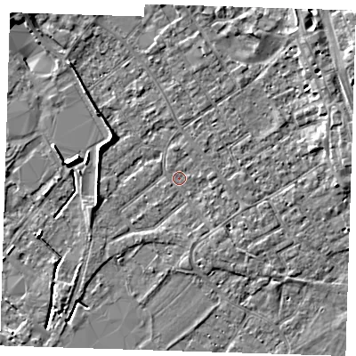 Shaded relief map of the ground around PE132PP, computed from Environment Agency LiDAR. The ground here sits at about 3 m above sea level and falls 6 m across the surrounding 800 m. Surface water reaching this point runs off ground lying to the east-north-east, 3.9 m higher.