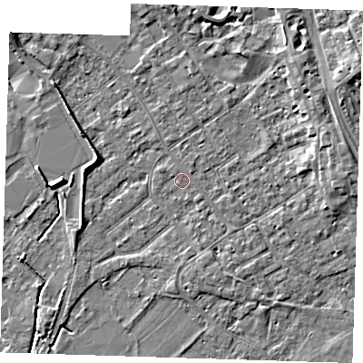 Shaded relief map of the ground around PE132PQ, computed from Environment Agency LiDAR. The ground here sits at about 4 m above sea level and falls 6 m across the surrounding 800 m. Surface water reaching this point runs off ground lying to the north-east, 4.0 m higher.