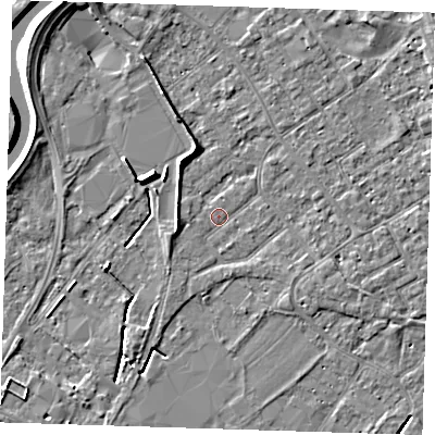 Shaded relief map of the ground around PE132PR, computed from Environment Agency LiDAR. The ground here sits at about 3 m above sea level and falls 6 m across the surrounding 800 m. Surface water reaching this point runs off ground lying to the west-south-west, 1.6 m higher.