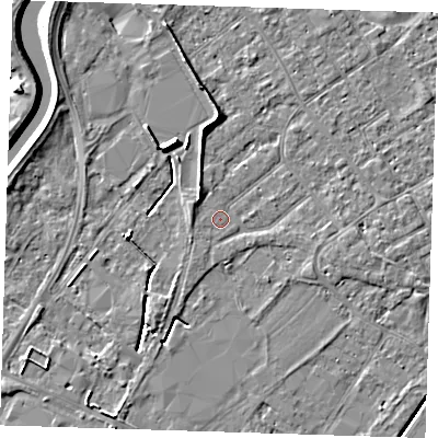 Shaded relief map of the ground around PE132PT, computed from Environment Agency LiDAR. The ground here sits at about 3 m above sea level and falls 6 m across the surrounding 800 m. Surface water reaching this point runs off ground lying to the north-west, 2.4 m higher.