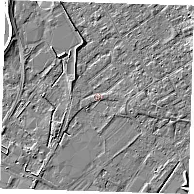 Shaded relief map of the ground around PE132PU, computed from Environment Agency LiDAR. The ground here sits at about 4 m above sea level and falls 6 m across the surrounding 800 m. Surface water reaching this point runs off ground lying to the north-east, 2.5 m higher.