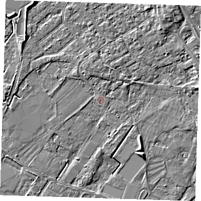 Shaded relief map of the ground around PE132PW, computed from Environment Agency LiDAR. The ground here sits at about 3 m above sea level and falls 6 m across the surrounding 800 m. The ground contributing surface water to this point lies to the west.