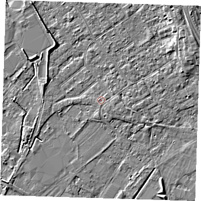 Shaded relief map of the ground around PE132PY, computed from Environment Agency LiDAR. The ground here sits at about 4 m above sea level and falls 6 m across the surrounding 800 m. Surface water reaching this point runs off ground lying to the south, 0.7 m higher.