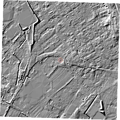 Shaded relief map of the ground around PE132PZ, computed from Environment Agency LiDAR. The ground here sits at about 3 m above sea level and falls 6 m across the surrounding 800 m. Surface water reaching this point runs off ground lying to the south-east, 1.1 m higher.